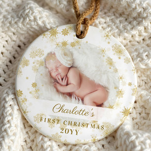 Baby First Christmas Magic Gold Snowflakes Foto Ornament