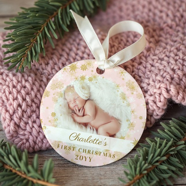 Baby First Christmas Magical Gold Snowflakes Photo (Baby First Christmas Magical Gold Snowflakes Photo Ornament)