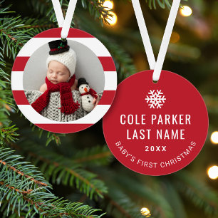 Baby First Christmas Modern Red Stripes Photo