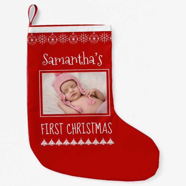 Baby First Christmas Name Foto Ornaments Kleiner Weihnachtsstrumpf (Vorderseite)