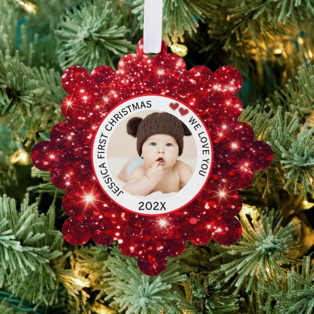 Baby First Christmas Name Foto Red Ornament Karte (Insitu (Baum))