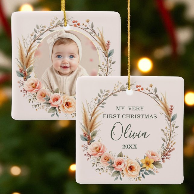 Baby First Christmas Pampas Grass Wildblume Boho Keramikornament (Von Creator hochgeladen)