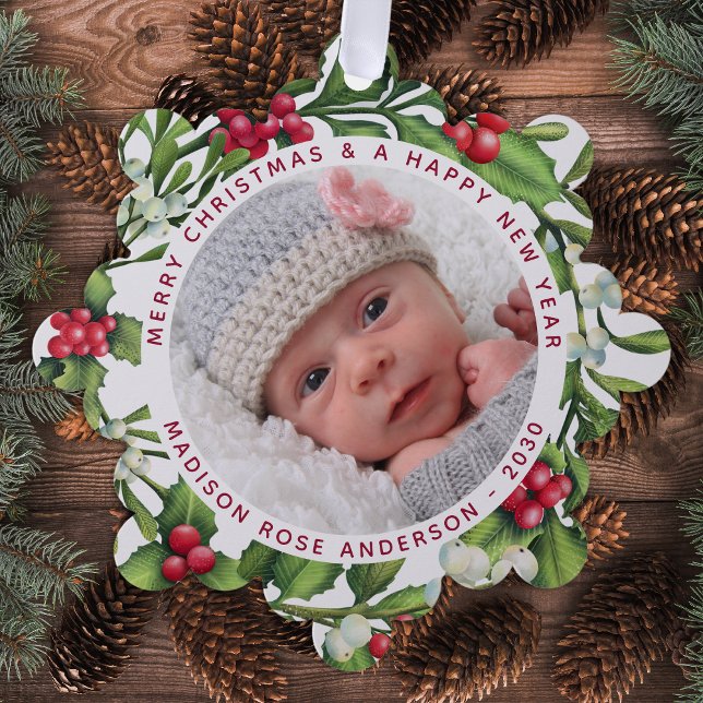 Baby First Christmas Personalisiertes Foto Mistlet Ornament Karte (Von Creator hochgeladen)