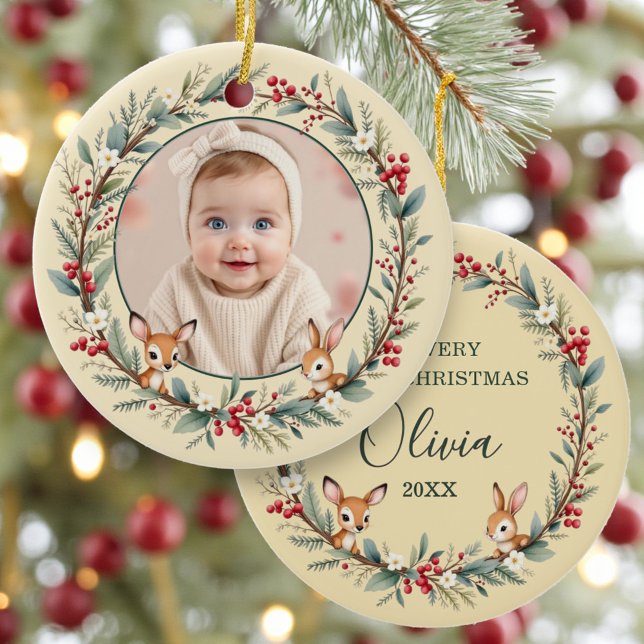 Baby First Christmas Photo Woodland Gold Keramik Ornament (Von Creator hochgeladen)