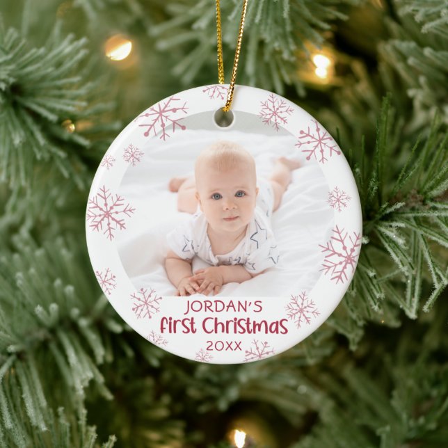 Baby First Christmas Pink Snowflake Girl 2 Foto Keramik Ornament (Baum)