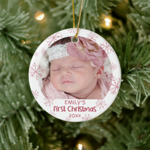 Baby First Christmas Pink Snowflake Girl Name Keramik Ornament