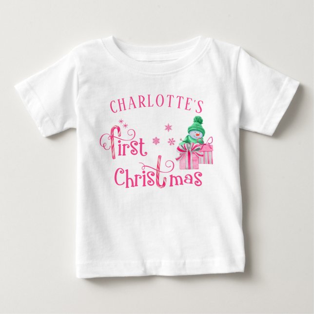 Baby First Christmas Pink Snowman and Snowflakes Baby T-shirt (Vorderseite)