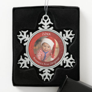 Baby First Christmas Red Foto Snowflake Schneeflocken Zinn-Ornament