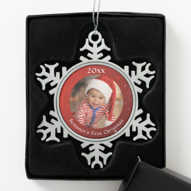 Baby First Christmas Red Foto Snowflake Schneeflocken Zinn-Ornament (Box)
