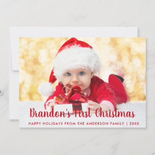 Baby First Christmas Red Script Foto Card Einladung