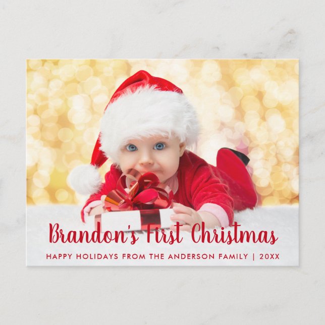 Baby First Christmas Red Script Foto Postkarte (Vorderseite)