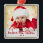 Baby First Christmas Red Script Foto Square Ornament Aus Metall<br><div class="desc">Baby First Christmas Red Script Foto Ornament - Platz</div>