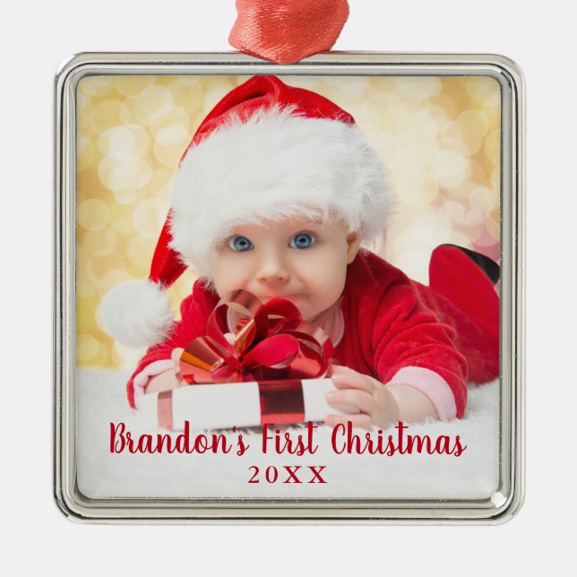 Baby First Christmas Red Script Foto Square Ornament Aus Metall (Vorne)