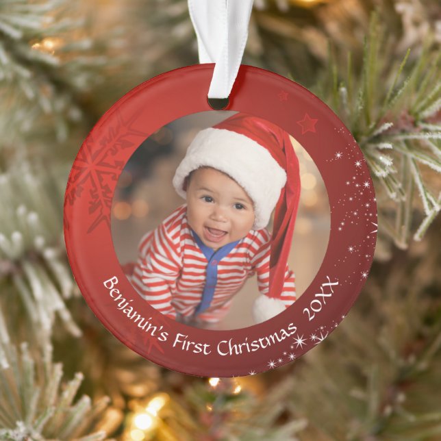 Baby First Christmas Red Snowflake 2 Foto Ornament (Baum)