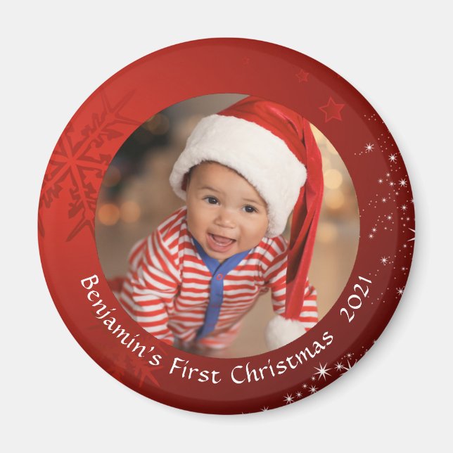 Baby First Christmas Red Snowflake Foto Keepake Magnet (Vorne)