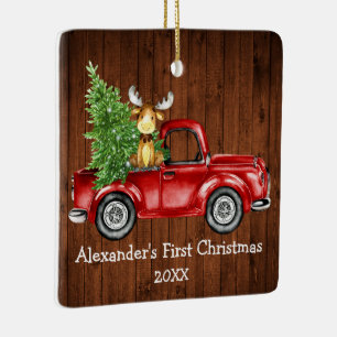 Baby First Christmas Red Truck Elche FOTO BACK Keramikornament