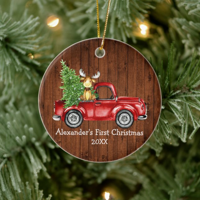 Baby First Christmas Red Truck Elche Rustikale Run Keramik Ornament (Baum)