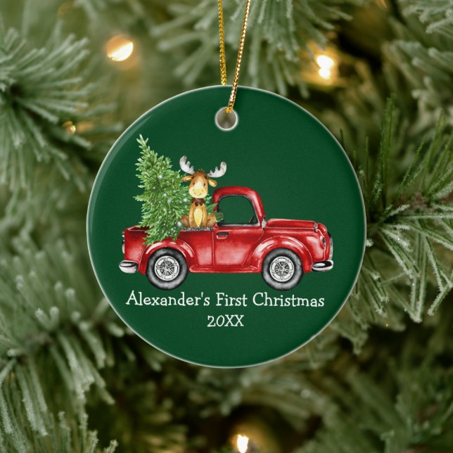 Baby First Christmas Red Truck Moose Green Round Keramik Ornament (Baum)