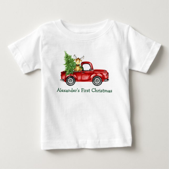 Baby First Christmas Red Truck Tree Elche Baby T-shirt (Vorderseite)