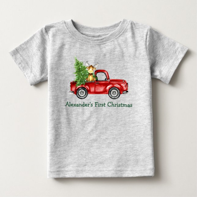 Baby First Christmas Red Truck Tree Moose Gray T-shirt (Vorderseite)