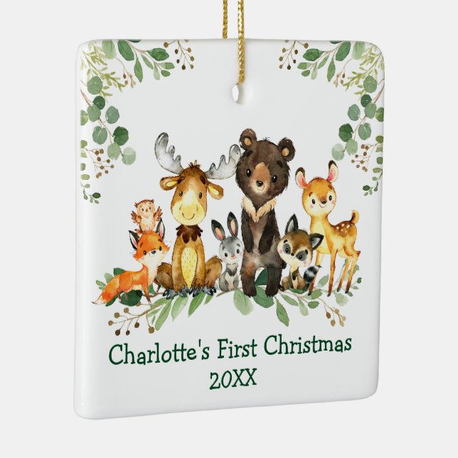 Baby First Christmas Rustic Animals Greenery FOTO Keramikornament (Rechts)