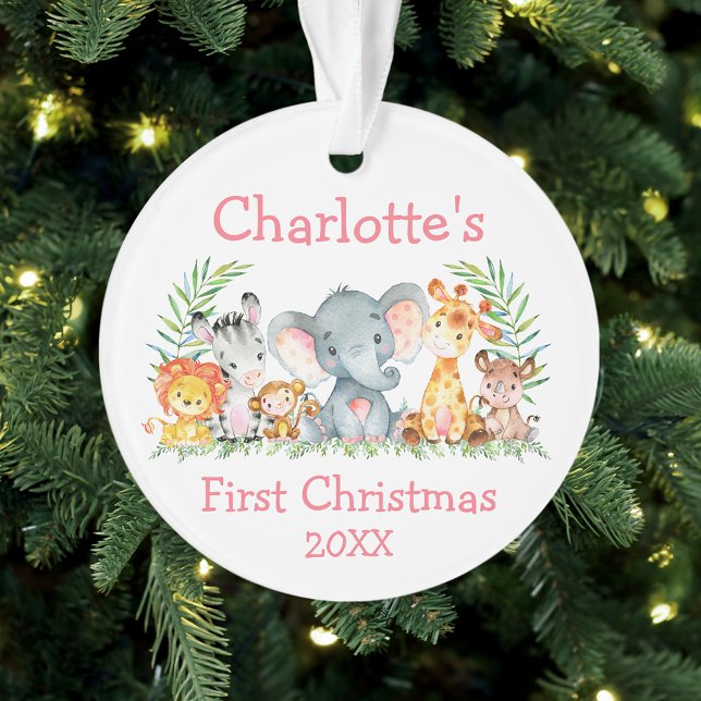 Baby First Christmas Safari Animaux rose rond (Customize with name and year.)