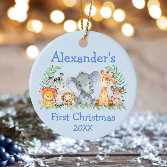 Baby First Christmas Safari Tiere Blue Keramik Ornament (Customize with name and year.)