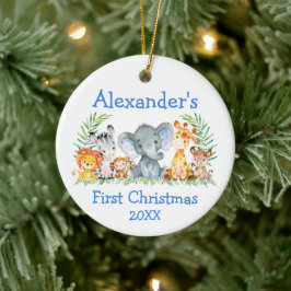 Baby First Christmas Safari Tiere Blue Round Keramik Ornament