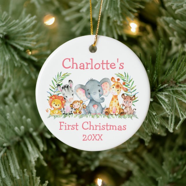 Baby First Christmas Safari Tiere Rosa Runde Keramik Ornament (Baum)