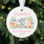 Baby First Christmas Safari Tiere Rosa Runde Ornament<br><div class="desc">Baby's First Christmas Watercolor Safari Baby Animals Ornament. Zu den Kleinkindern zählen Elephant,  Monkey,  Giraffe,  Rhino,  Zebra und Lion auf Farn-Blätter. Botanische Vegetation in Aquarellen. Rosa Text. Name hinzufügen.</div>