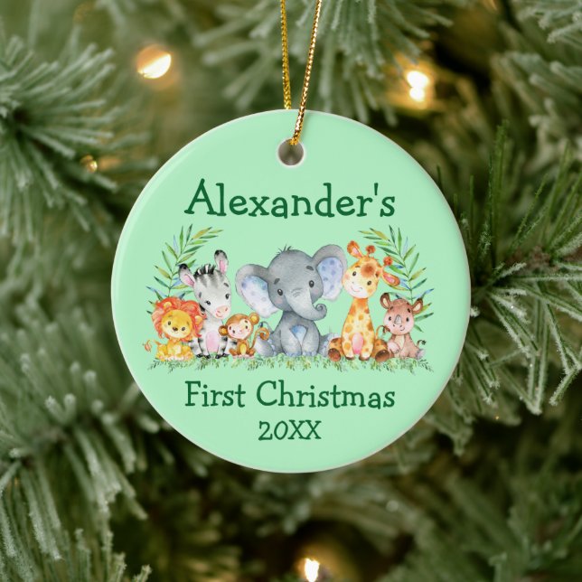 Baby First Christmas Safari Tiere Runde Green Keramik Ornament (Baum)