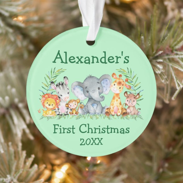Baby First Christmas Safari Tiere Runde Green Ornament (Baum)
