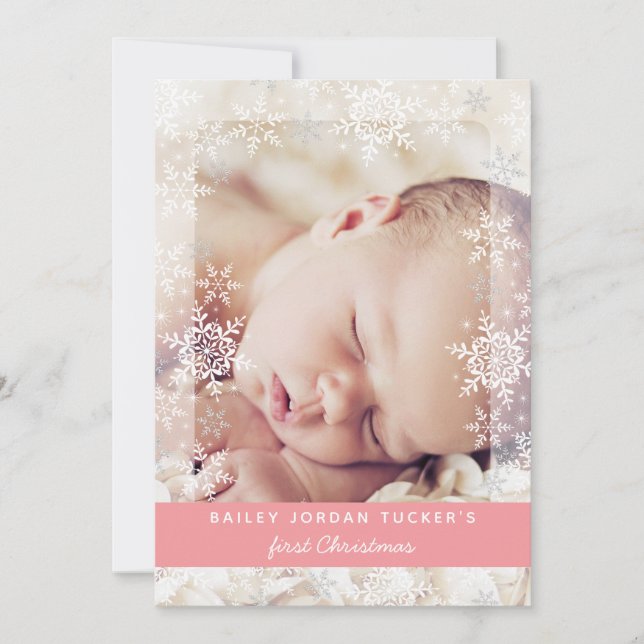 Baby First Christmas Schneeflocken Rosa Foto Gebur Ankündigung (Vorderseite)