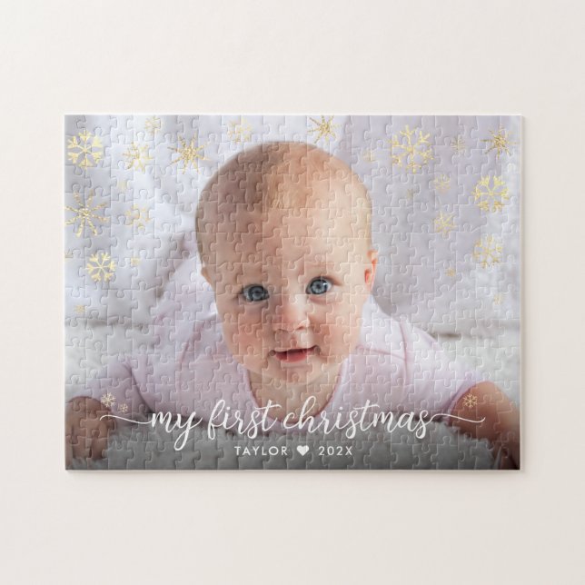 Baby First Christmas Script Gold Snowflake Foto (Horizontal)