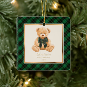Baby First Christmas Teddy Bär Kariert Foto Keramikornament