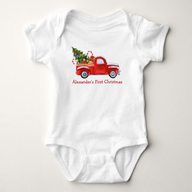 Baby First Christmas Truck Candy Canes Red Baby Strampler (Vorderseite)