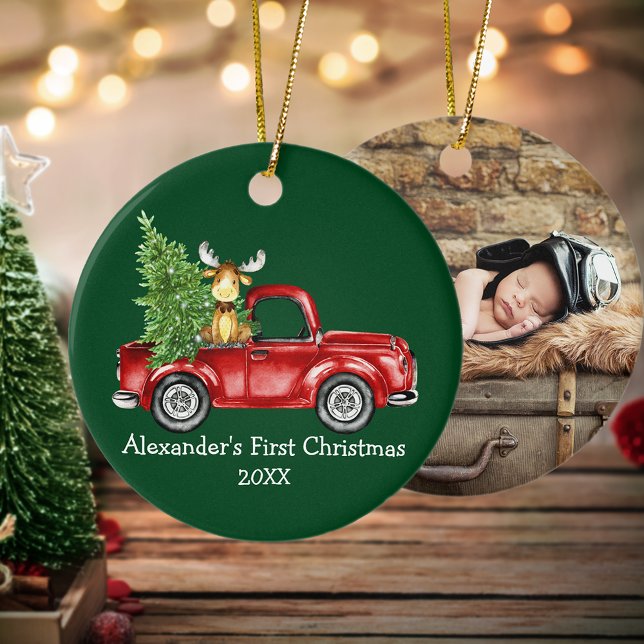 Baby First Christmas Truck Elche FOTO BACK Green Keramik Ornament (Customize with name, year and photo on back.)