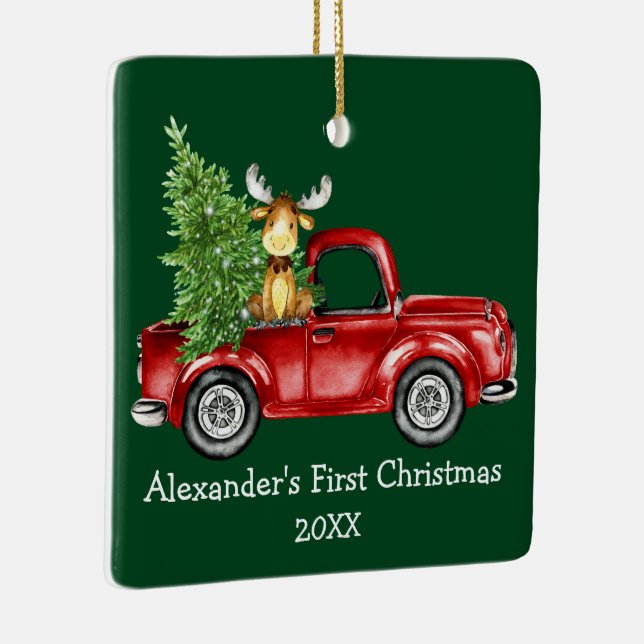 Baby First Christmas Truck Moose Green FOTO BACK Keramikornament (Rechts)