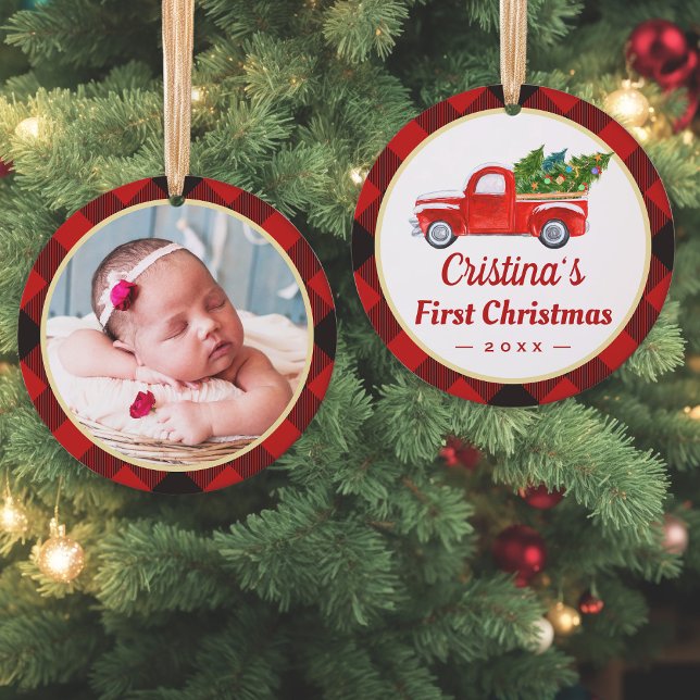 Baby First Christmas Truck Rotes Kariertes Foto Ornament (Sample 1)