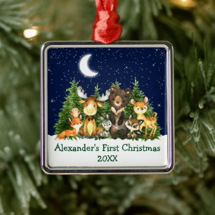 Baby First Christmas Wasserfarbenwaldtiere Ornament Aus Metall