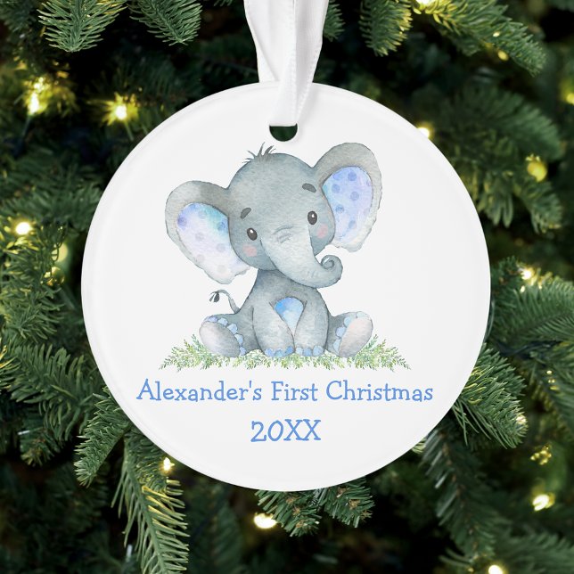 Baby First Christmas Watercolor Blue Elephant Ornament (Customize with name and year.)