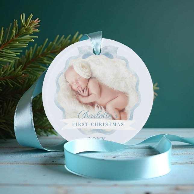 Baby First Christmas Watercolor Blue Ribbon & Bow Ornament (Baby First Christmas Watercolor Blue Ribbon & Bow Ornament)