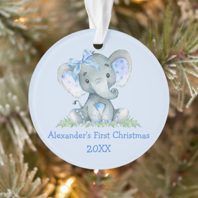 Baby First Christmas Watercolor Elephant Blue Bow Ornament (Baum)