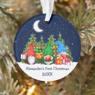 Baby First Christmas Watercolor Gnomes Lights Sky Ornament