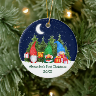 Baby First Christmas Watercolor Gnomes Trees Keramik Ornament
