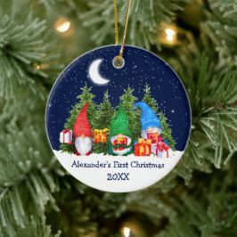 Baby First Christmas Watercolor Gnomes Trees Sky Keramik Ornament