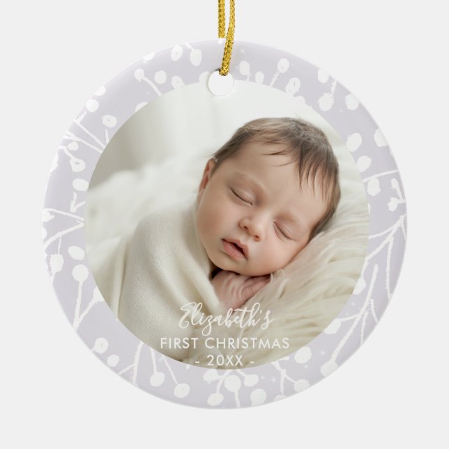 Baby First Christmas Winter Pink Botanical Berries Keramik Ornament (Vorne)