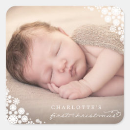 Baby First Christmas Winter Snowflakes Foto Birth Quadratischer Aufkleber