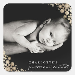 Baby First Christmas Winter Snowflakes Foto Birth Quadratischer Aufkleber
