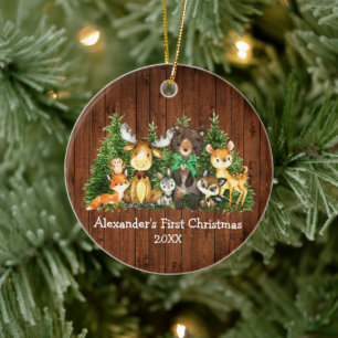Baby First Christmas Wood Forest Animals Green Bow Keramik Ornament